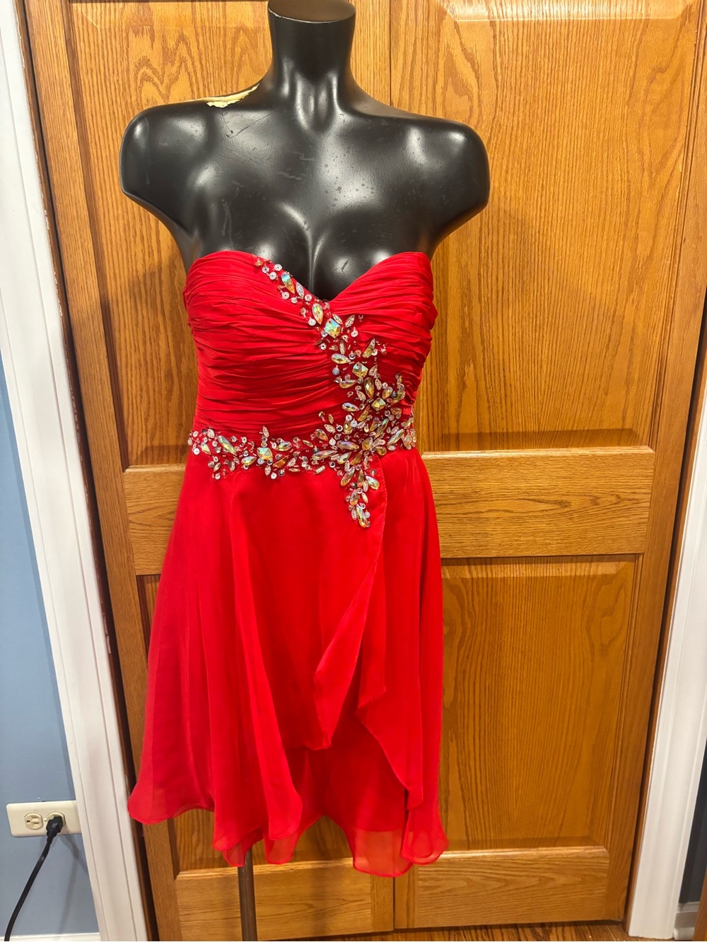 May Queen Red Strapless Jeweled Chiffon Cocktail Dress
